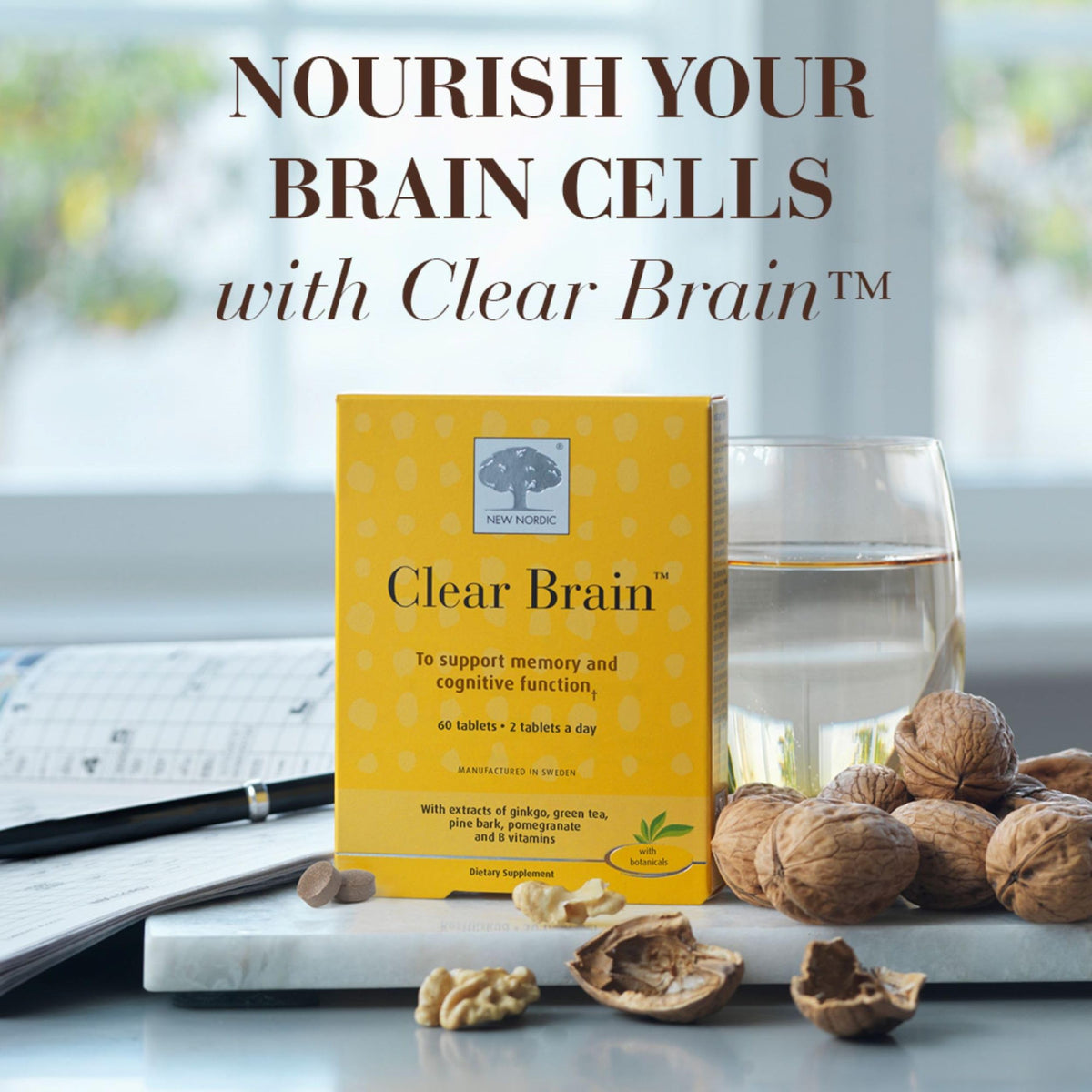 Comprimés NEW NORDIC Clear Brain avec verre d'eau