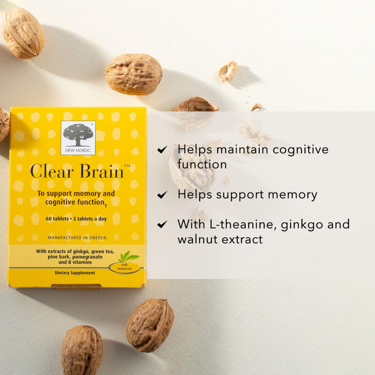 Comprimés NEW NORDIC Clear Brain sur une table
