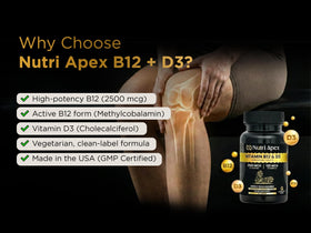 Comprimés Nutri Apex B12 et D3 sur une table