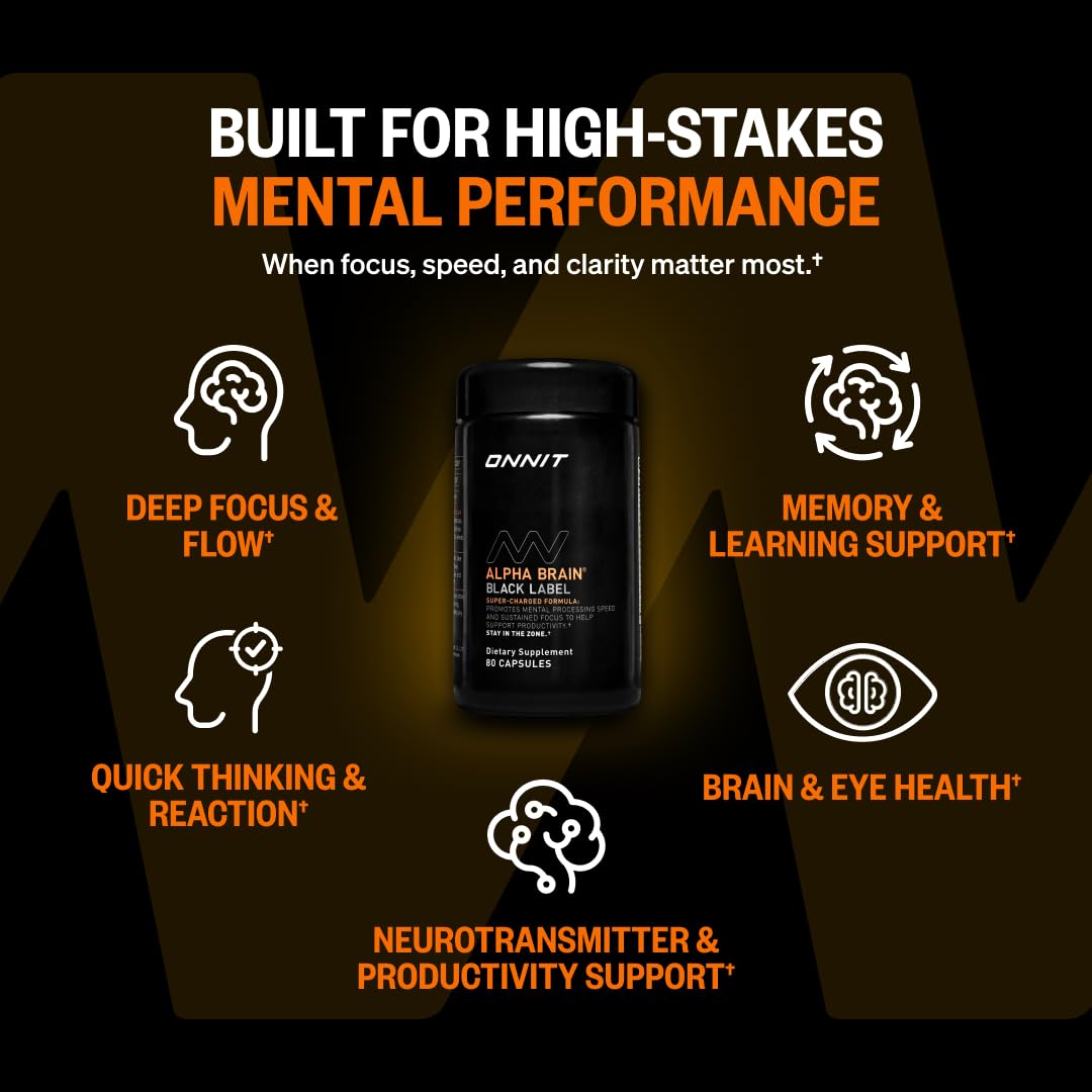 Comprimés ONNIT Alpha BRAIN Black Label sur une surface blanche