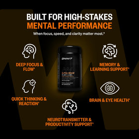 Comprimés ONNIT Alpha BRAIN Black Label sur une surface blanche