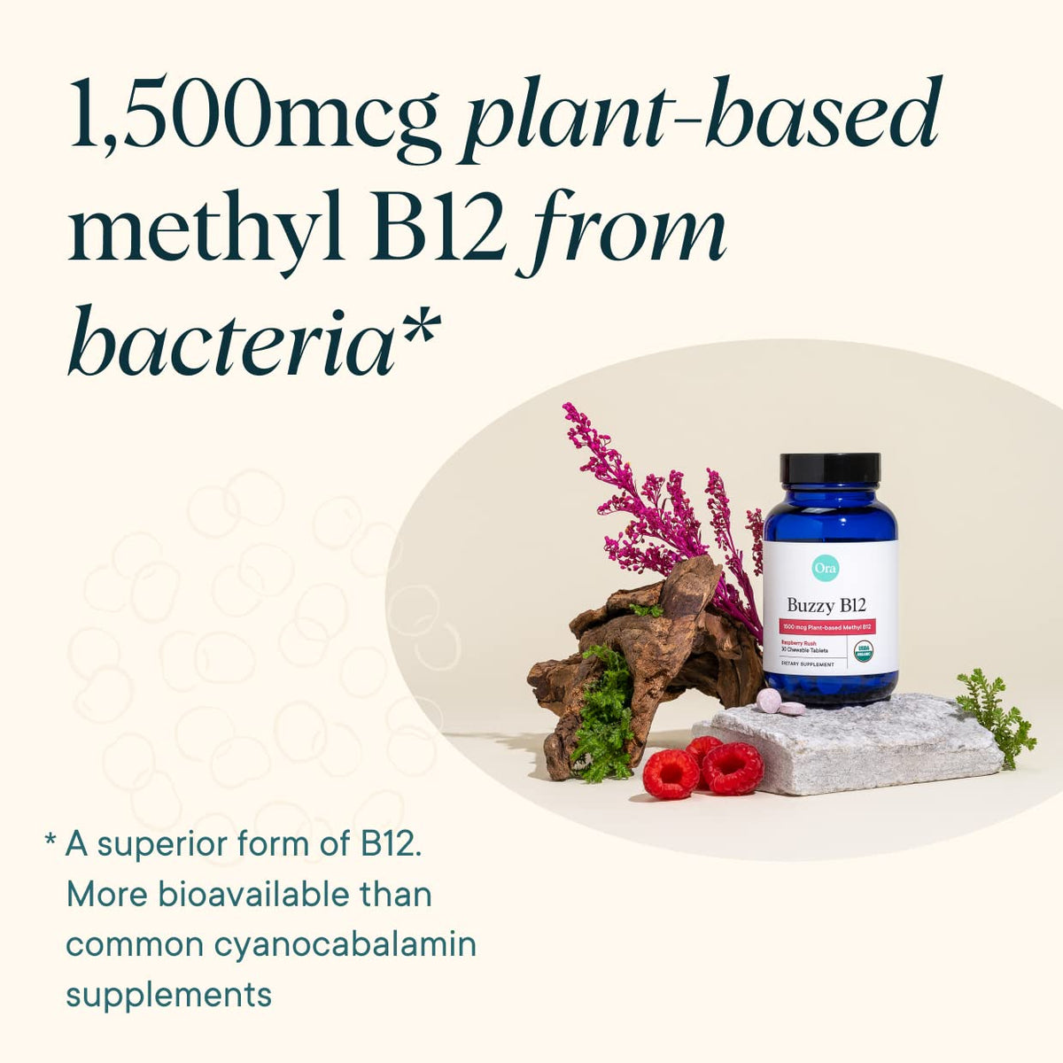 Comprimés Ora Organic B12 1500mcg sur fond blanc