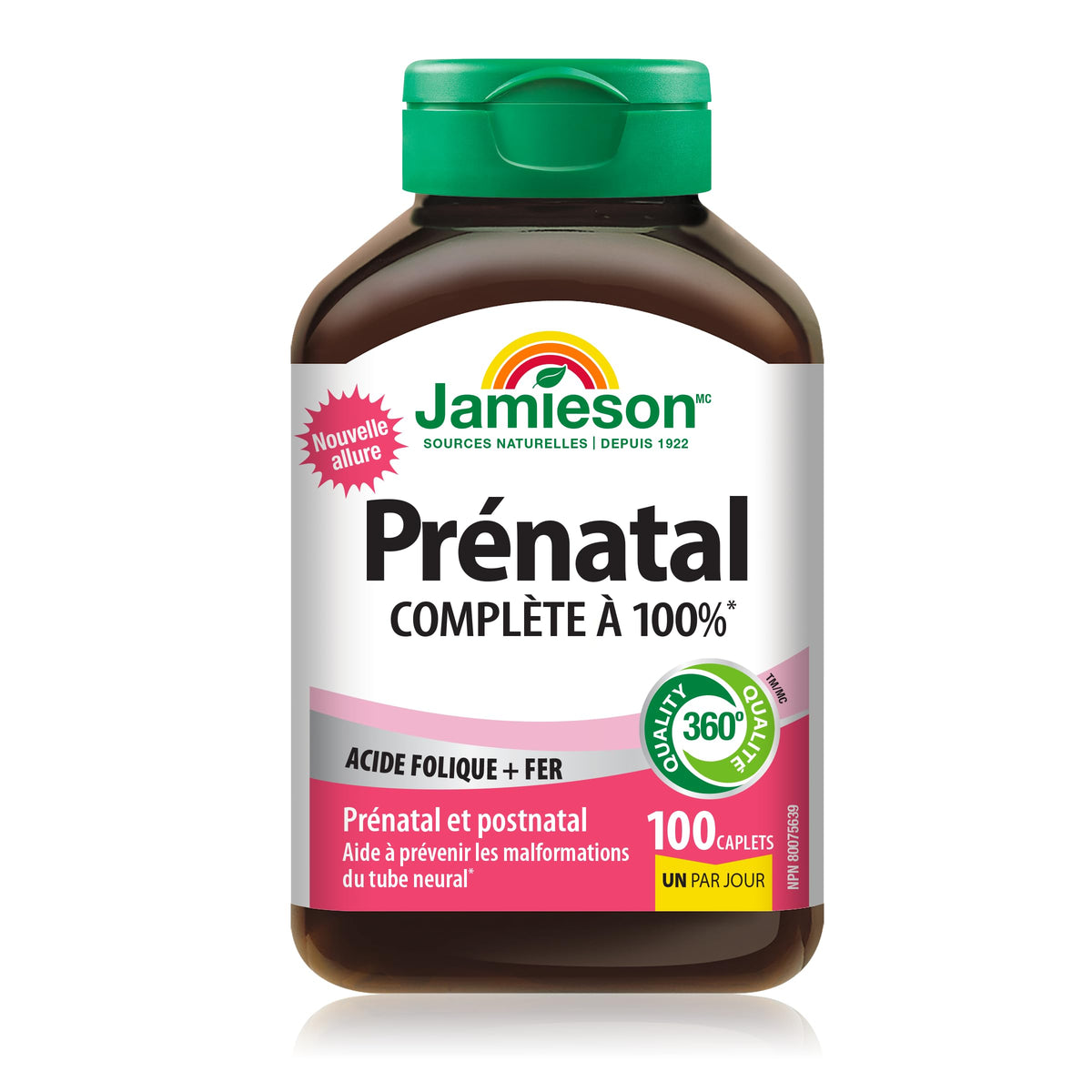 Comprimés prénatals Jamieson sur une surface blanche