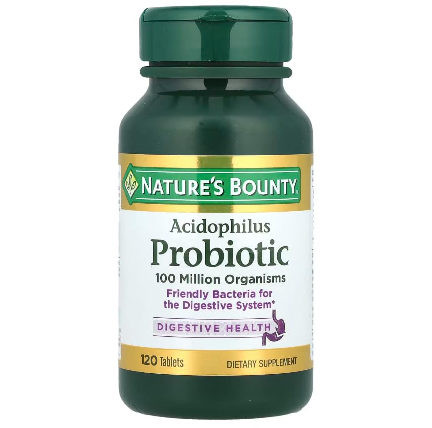 Comprimés probiotiques Acidophilus Nature's Bounty sur fond blanc