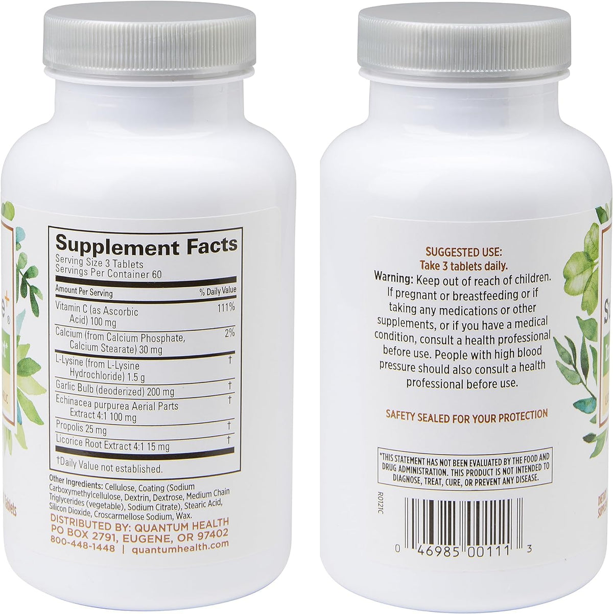 Comprimés Quantum SuperLysine+ 1500mg sur un fond blanc