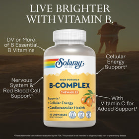 Comprimés SOLARAY Complexe Vitaminique B à côté d'un verre d'eau