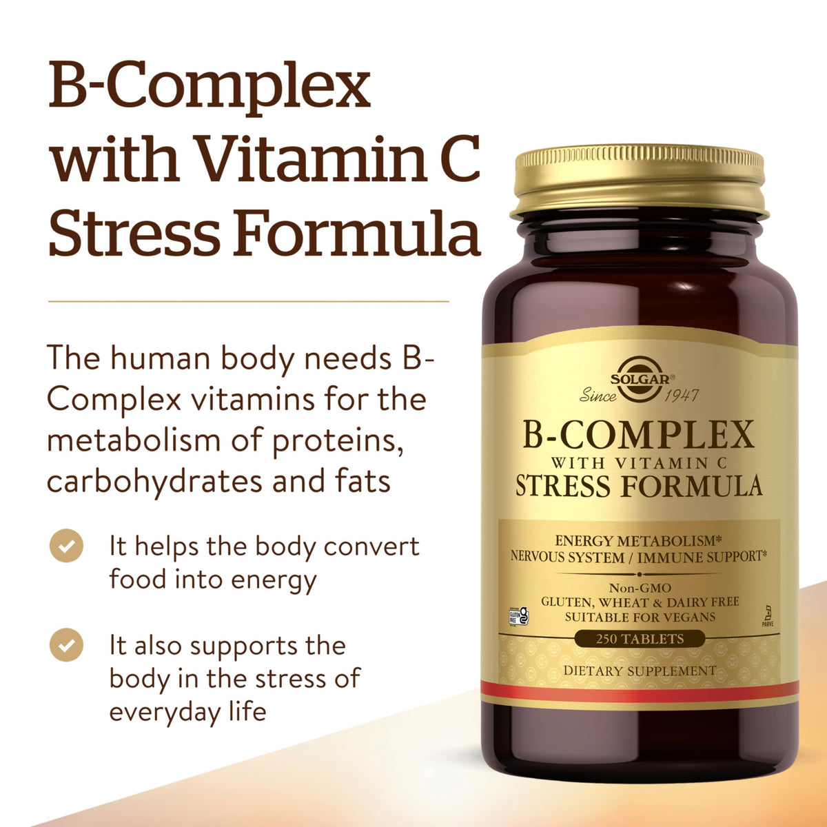 Comprimés Solgar B-Complex avec Vitamine C en gros plan