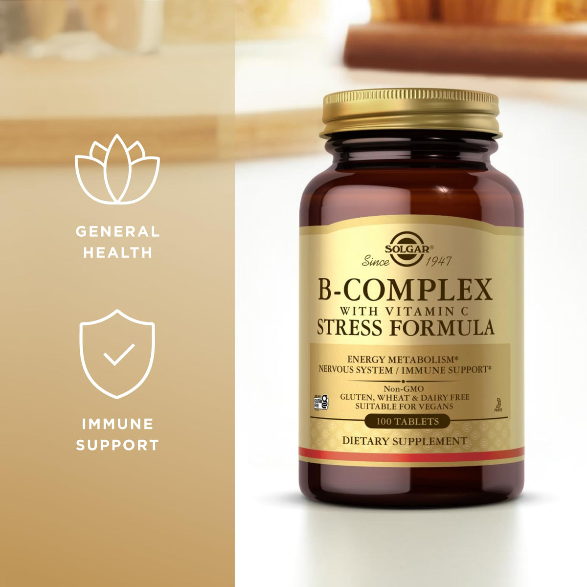 Comprimés Solgar B-Complex avec Vitamine C, en gros plan