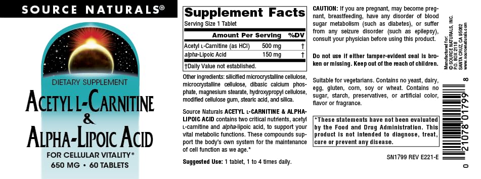 Comprimés Source Naturals Acetyl L-Carnitine sur fond blanc