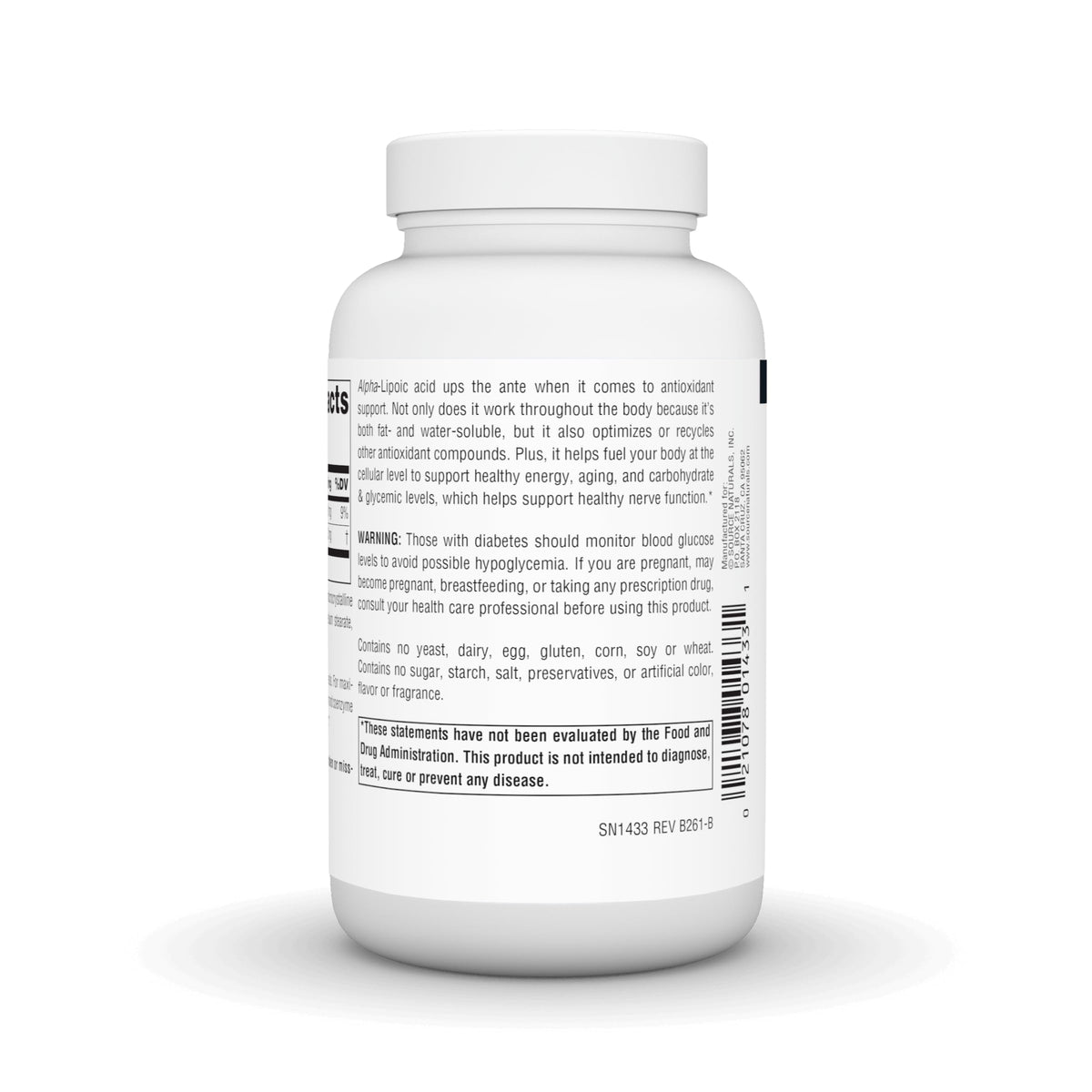 Comprimés Source Naturals Acide Alpha-Lipoïque 300 mg avec étiquette visible