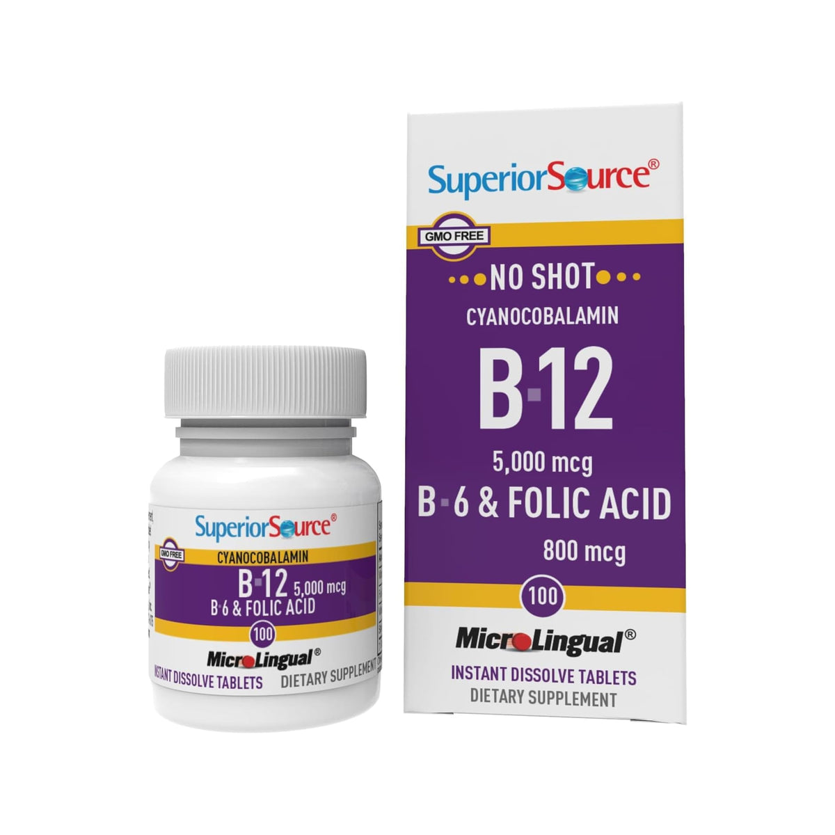 Comprimés sublinguales B-12 5000 mcg de quality Source, boîte vue de face