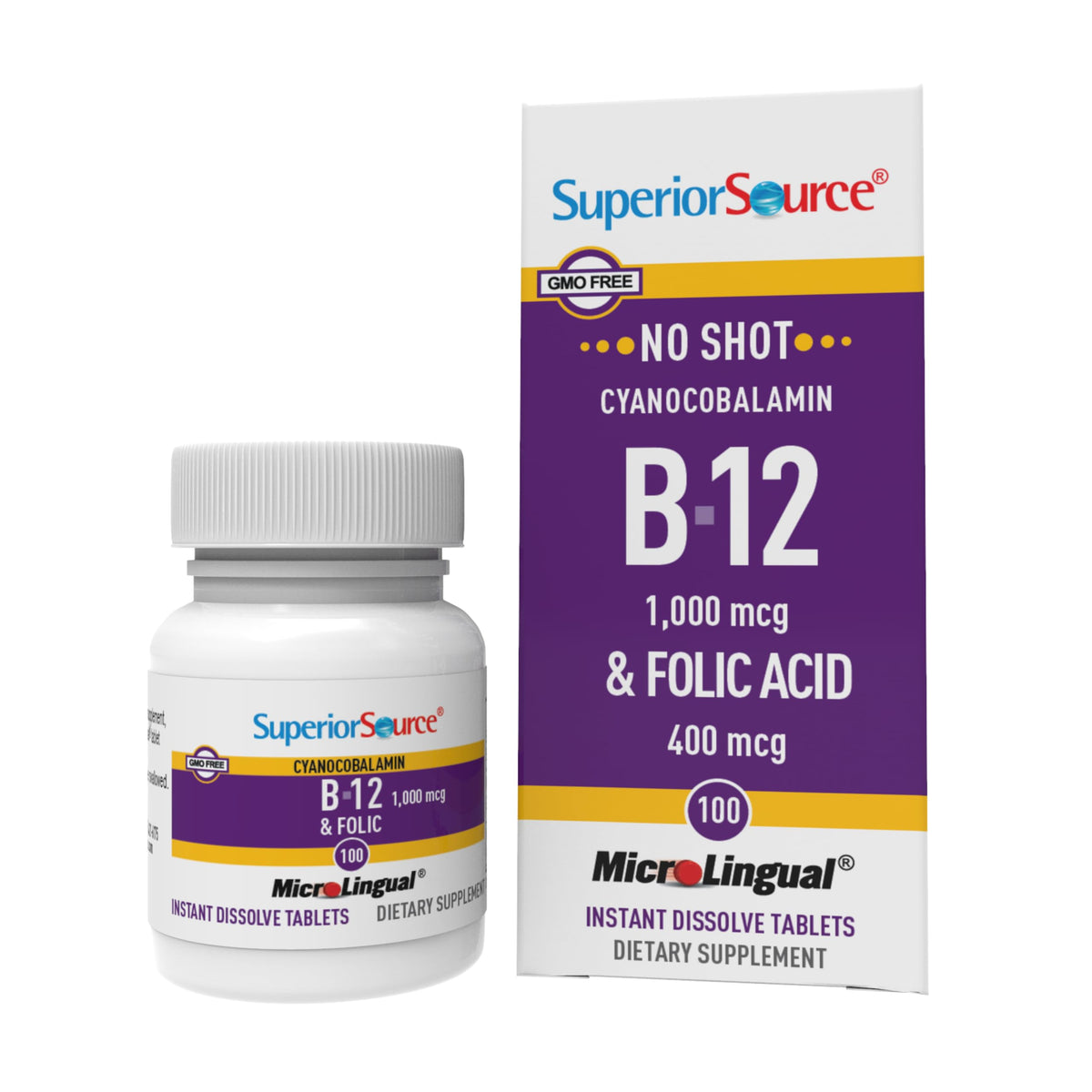 Comprimés sublinguaux de vitamine B-12 1000 mcg et acide folique 400 mcg en boîte