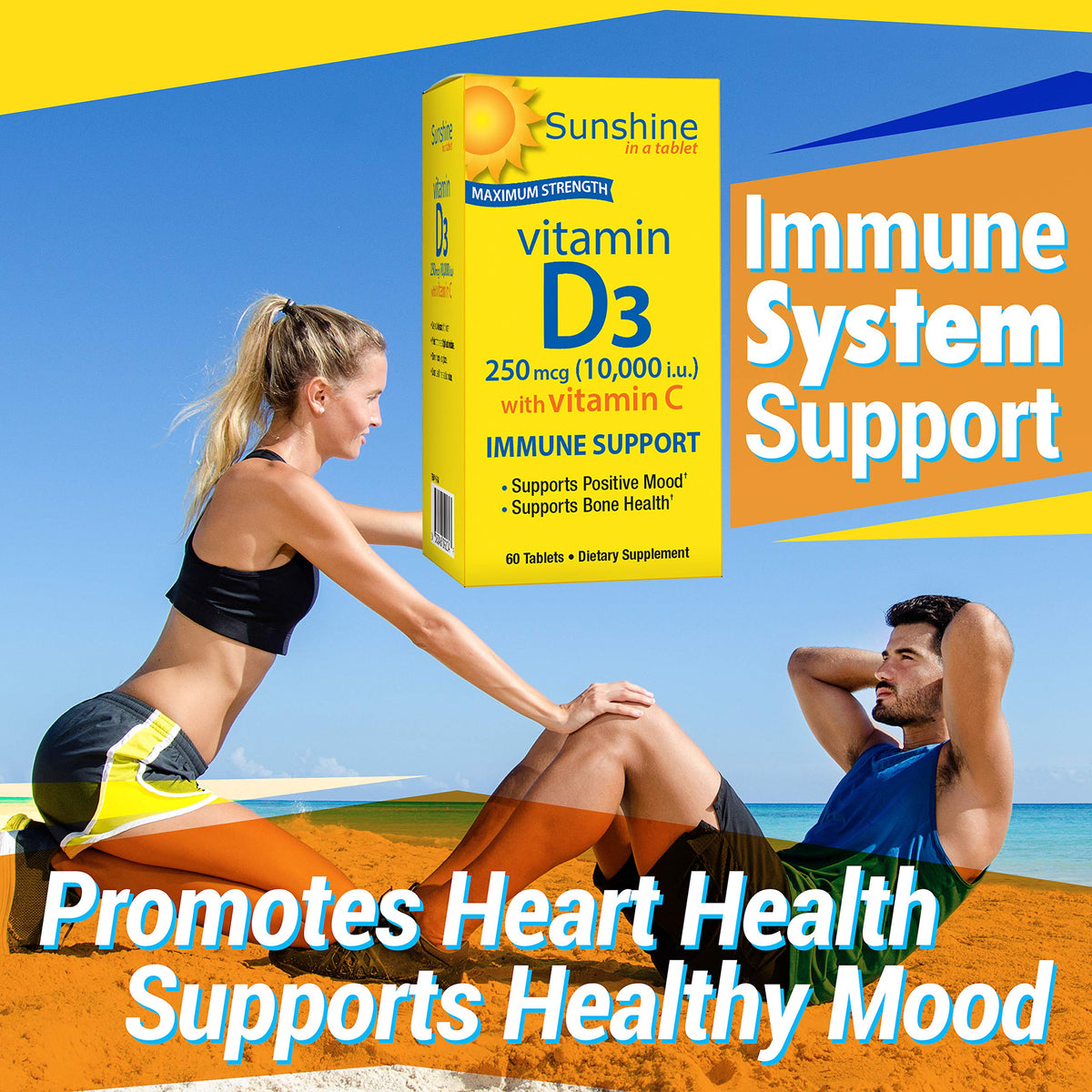 Comprimés Sunshine Vitamine D 10 000 UI sur une table