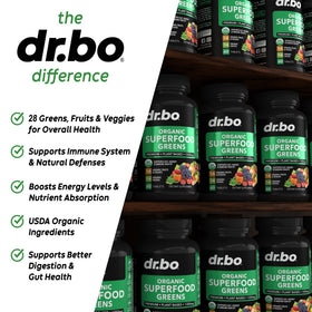 Comprimés Superfood Bio DR. BO sur une surface blanche
