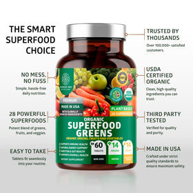 Comprimés Superfood Greens avec des ingrédients bio en arrière-plan