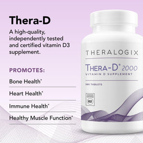 Comprimés Theralogix Thera-D 2000 sur une surface blanche