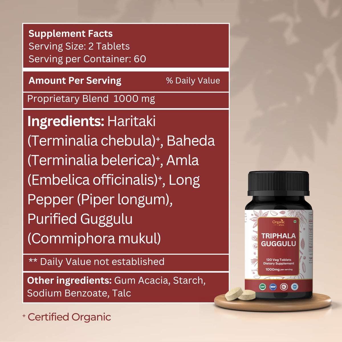 Comprimés Triphala Guggulu ORGANIC SPREE sur une table en bois
