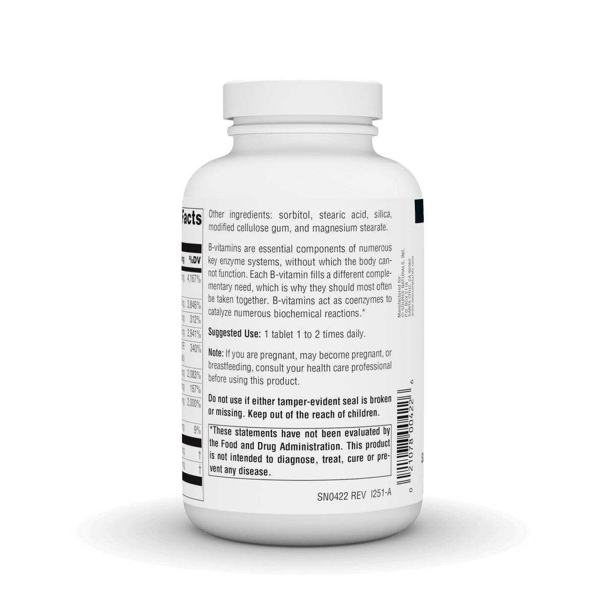 Comprimés végétaliens Source Naturals B-50 Complex sur fond blanc