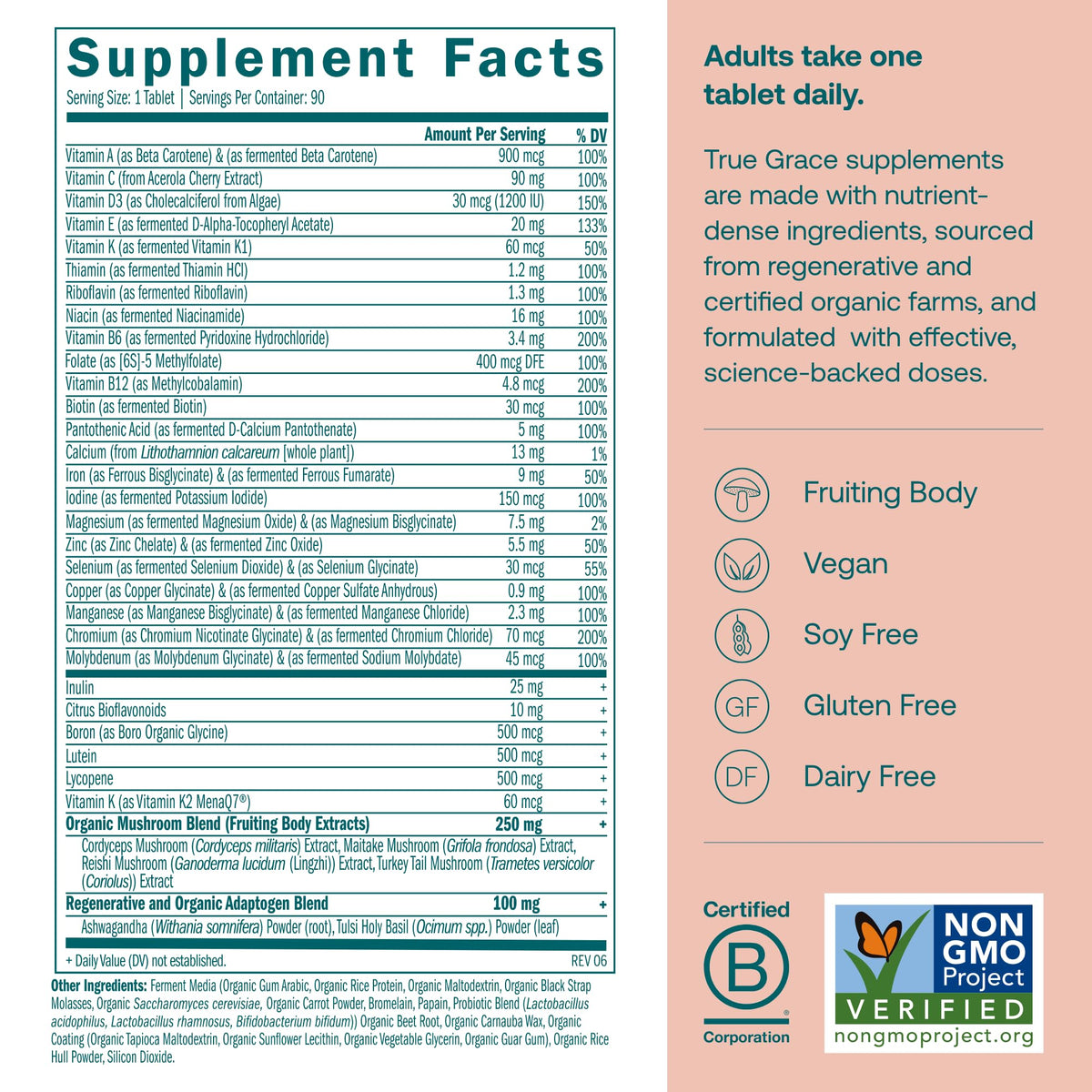 Comprimés végétaliens True Grace Multivitamines Femme sur une surface en bois