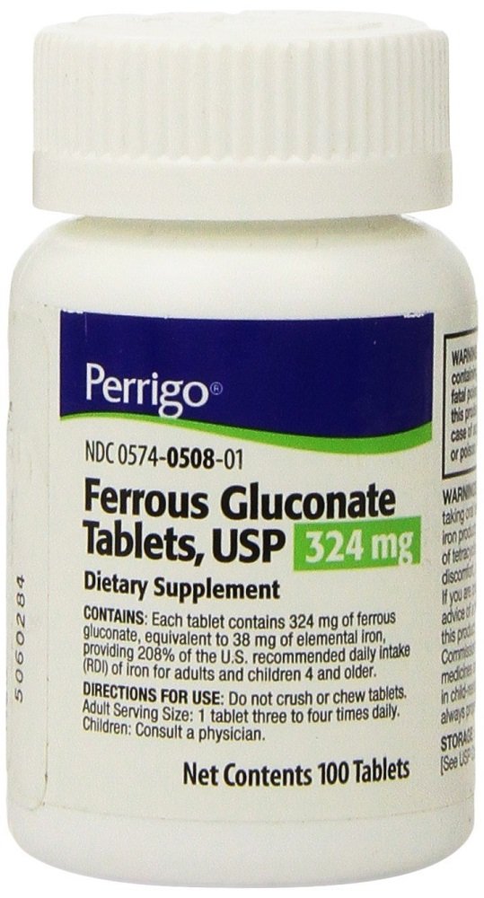 Comprimés verts de gluconate ferreux Perrigo 324mg, vue de face