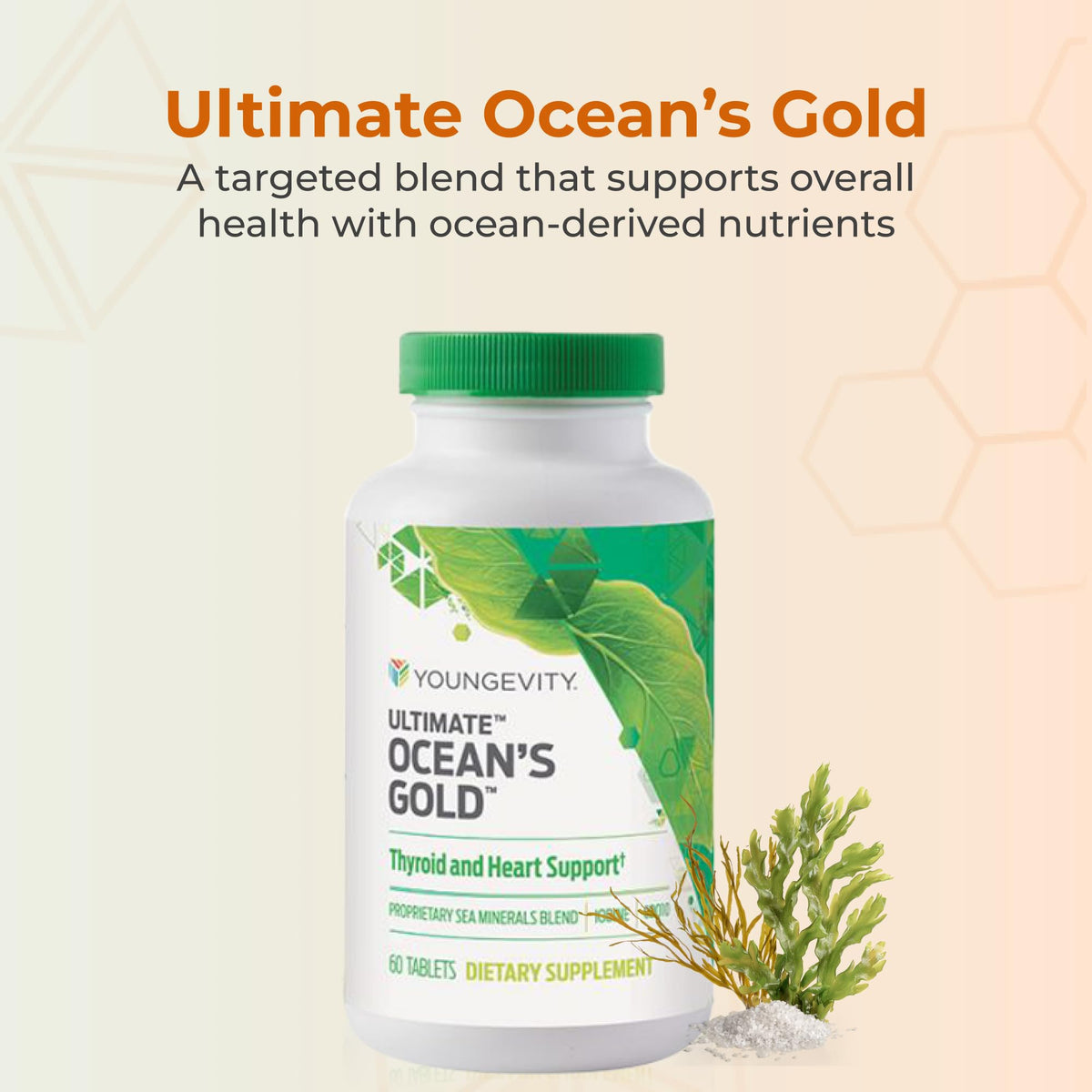 Comprimés Youngevity Ocean's Gold sur une surface blanche