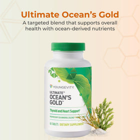 Comprimés Youngevity Ocean's Gold sur une surface blanche