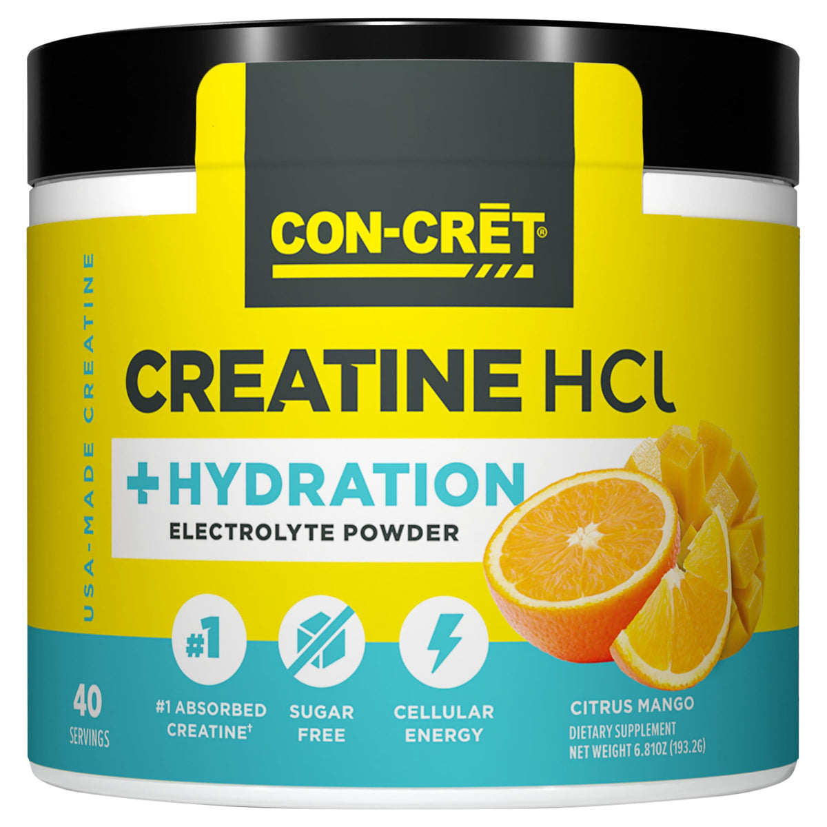 CON-CRET Créatine HCl avec électrolytes, saveur mangue agrumes, vue de l'emballage avant