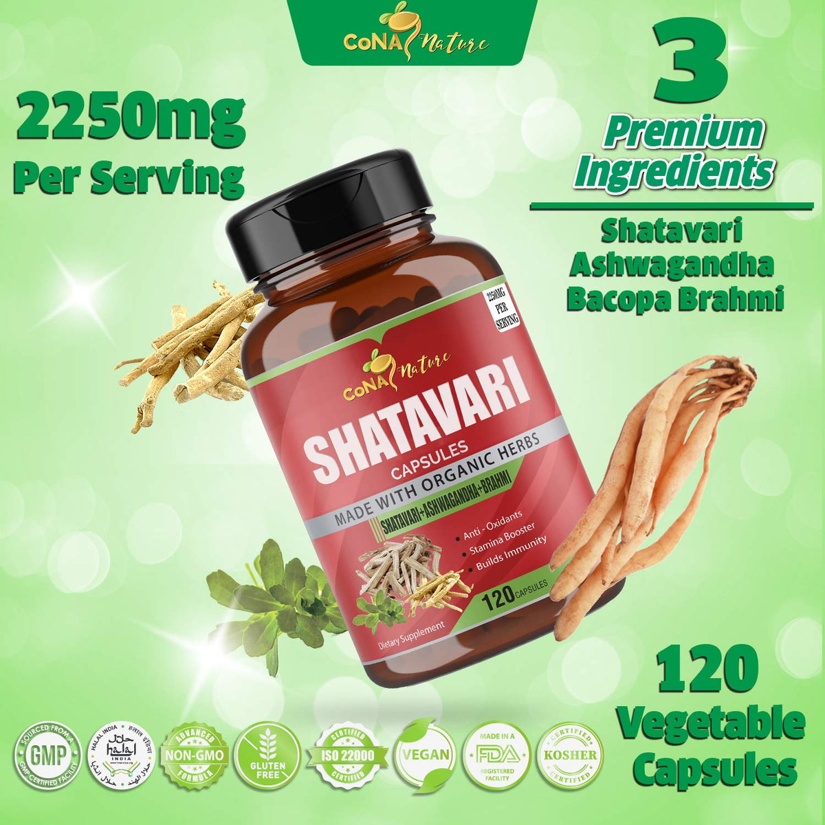 Cona Nature Shatavari 2250mg capsules on a wooden surface