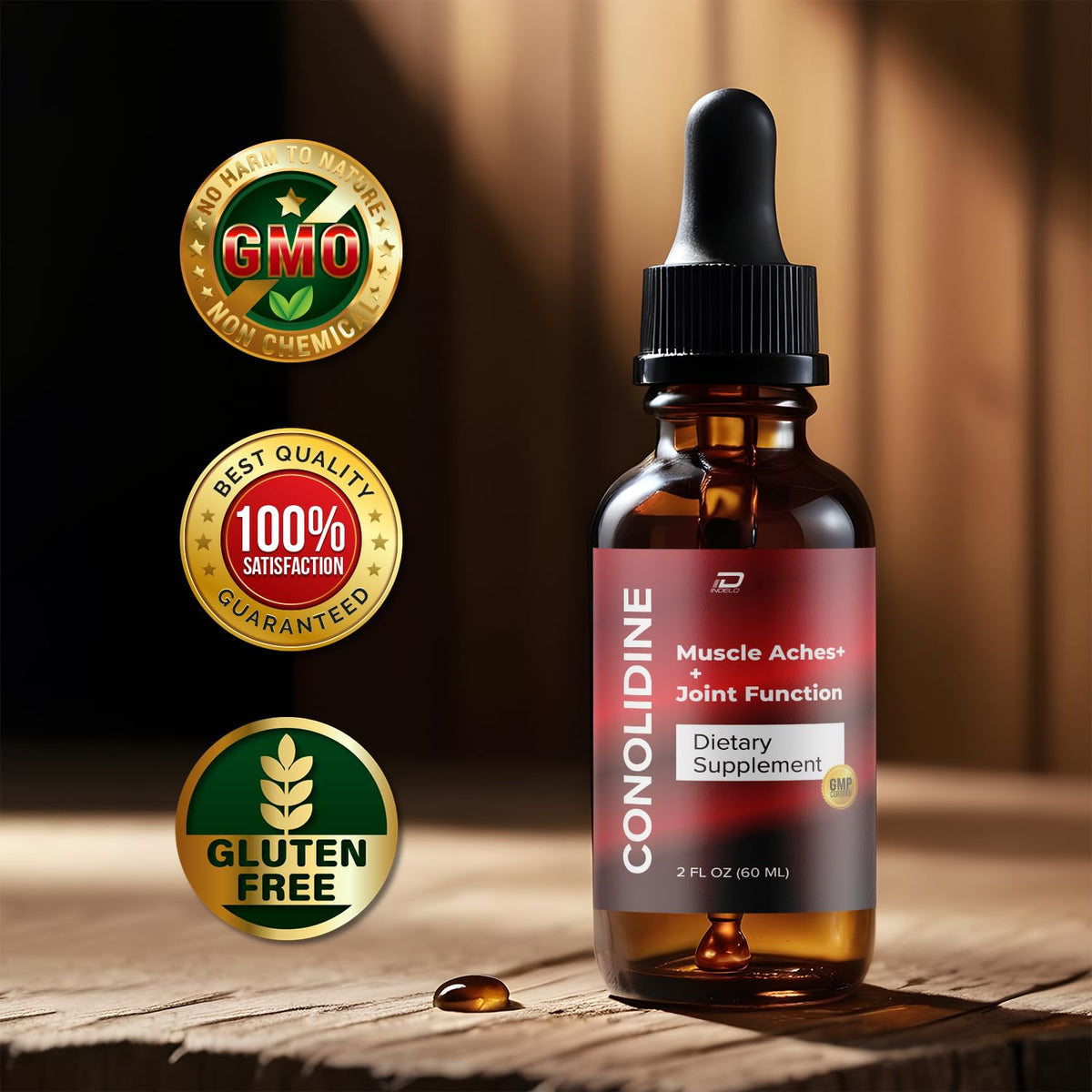 Conolidine gouttes liquides 60 mL, flacon ouvert avec gouttes