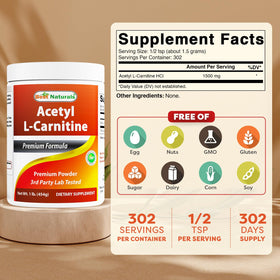Contenant de 1 lb de poudre d'acétyl L-carnitine Best Naturals