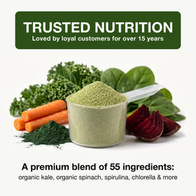 Contenant de 458g de poudre de superfood NanoGreens avec étiquette
