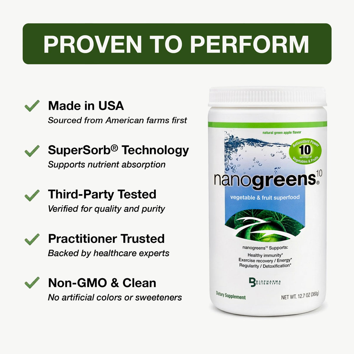 Contenant de 460g de poudre superfood NanoGreens, étiquette visible