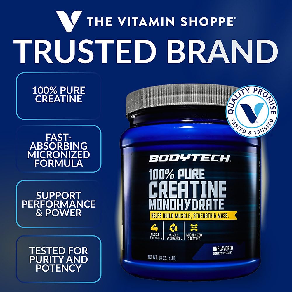 Contenant de créatine monohydrate BodyTech, vue arrière, avec informations nutritionnelles