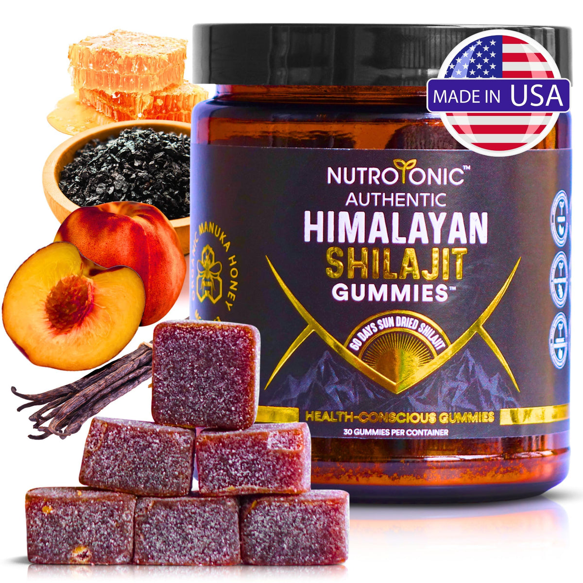 Contenant des gummies Shilajit NutroTonic de 30 pièces vue de face