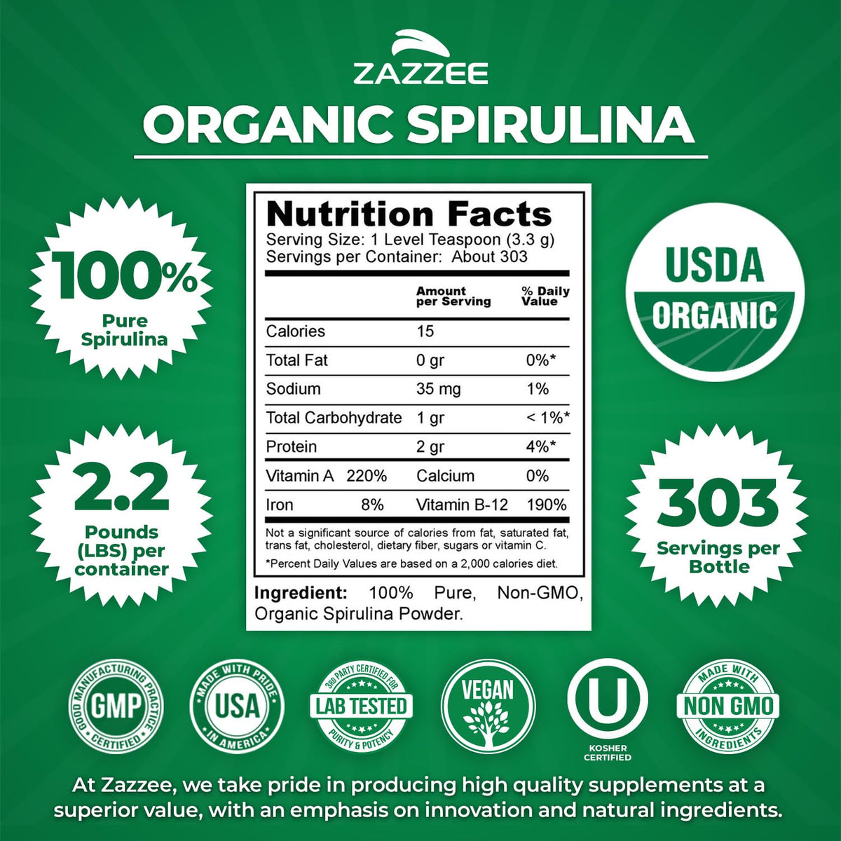 Contenant hermétique de la poudre de spiruline Zazzee 1 kg