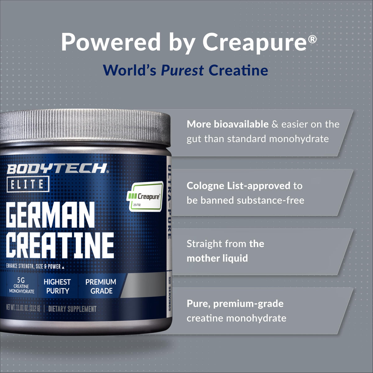 Conteneur de BodyTech Créatine Creapure sur fond blanc