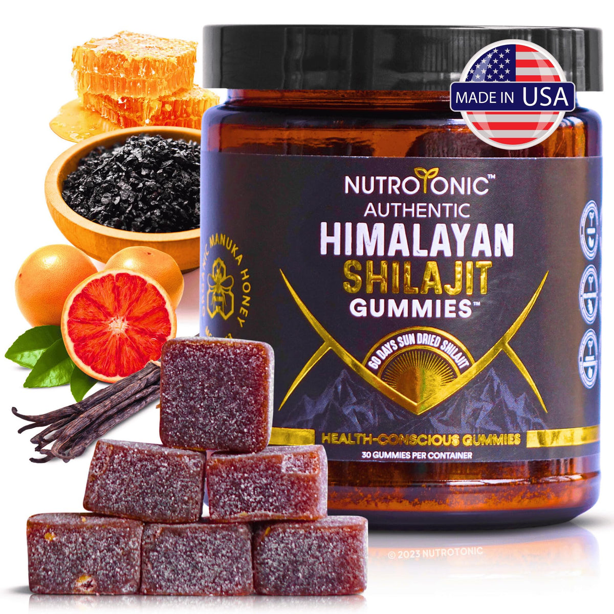 Conteneur de gummies Shilajit Himalayen NutroTonic, vue avant