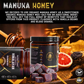 Conteneur de gummies Shilajit ouvert montrant plusieurs gummies