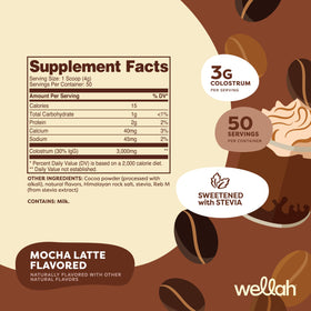 Conteneur de poudre de colostrum Wellah avec étiquette visible