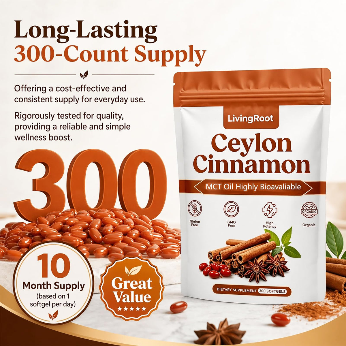 Contexte de vie avec des softgels de Canelle de Ceylan LivingRoot