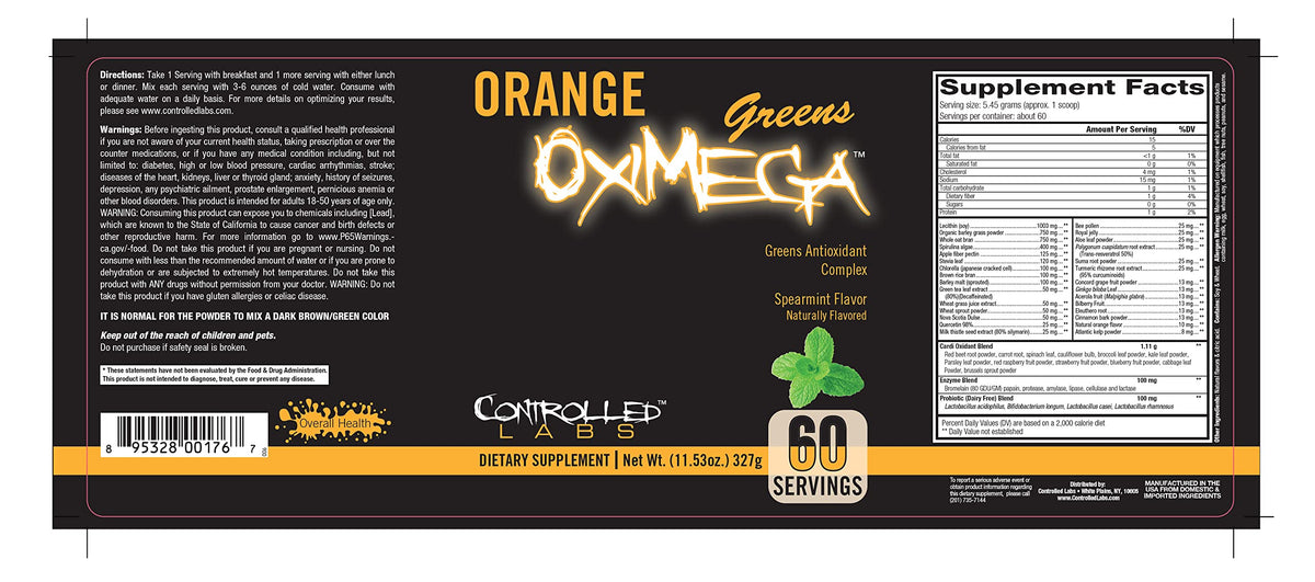 CONTROLLED LABS Orange OxiMega Greens 408g côté avec ingrédients