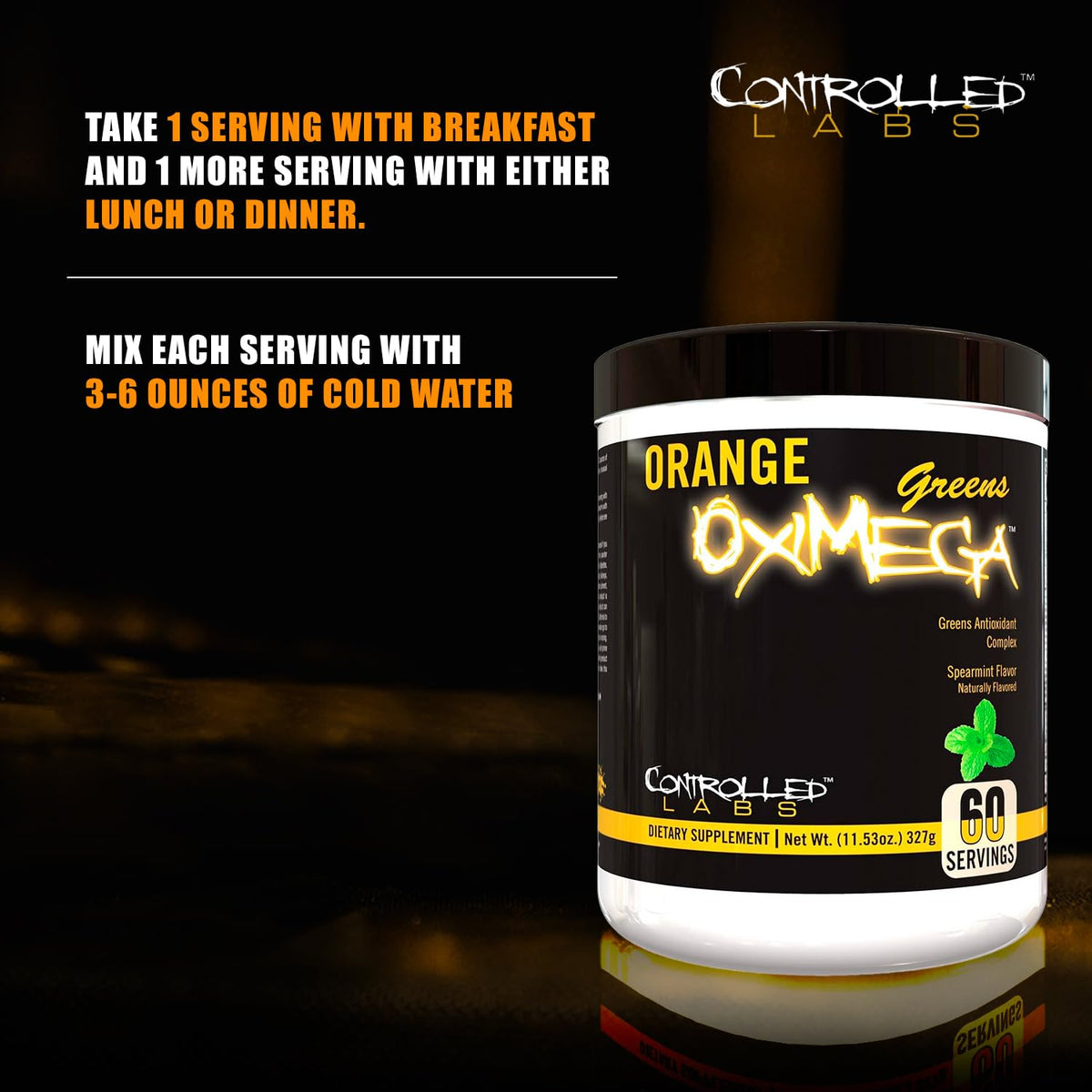 CONTROLLED LABS Orange OxiMega Greens 408g mélange dans un verre