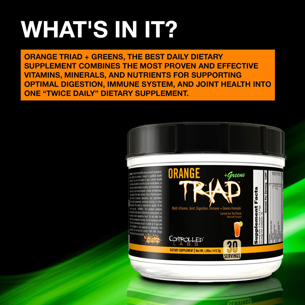 CONTROLLED LABS Orange Triad + Greens Poudre Multivitamine 30serv en situation d'utilisation