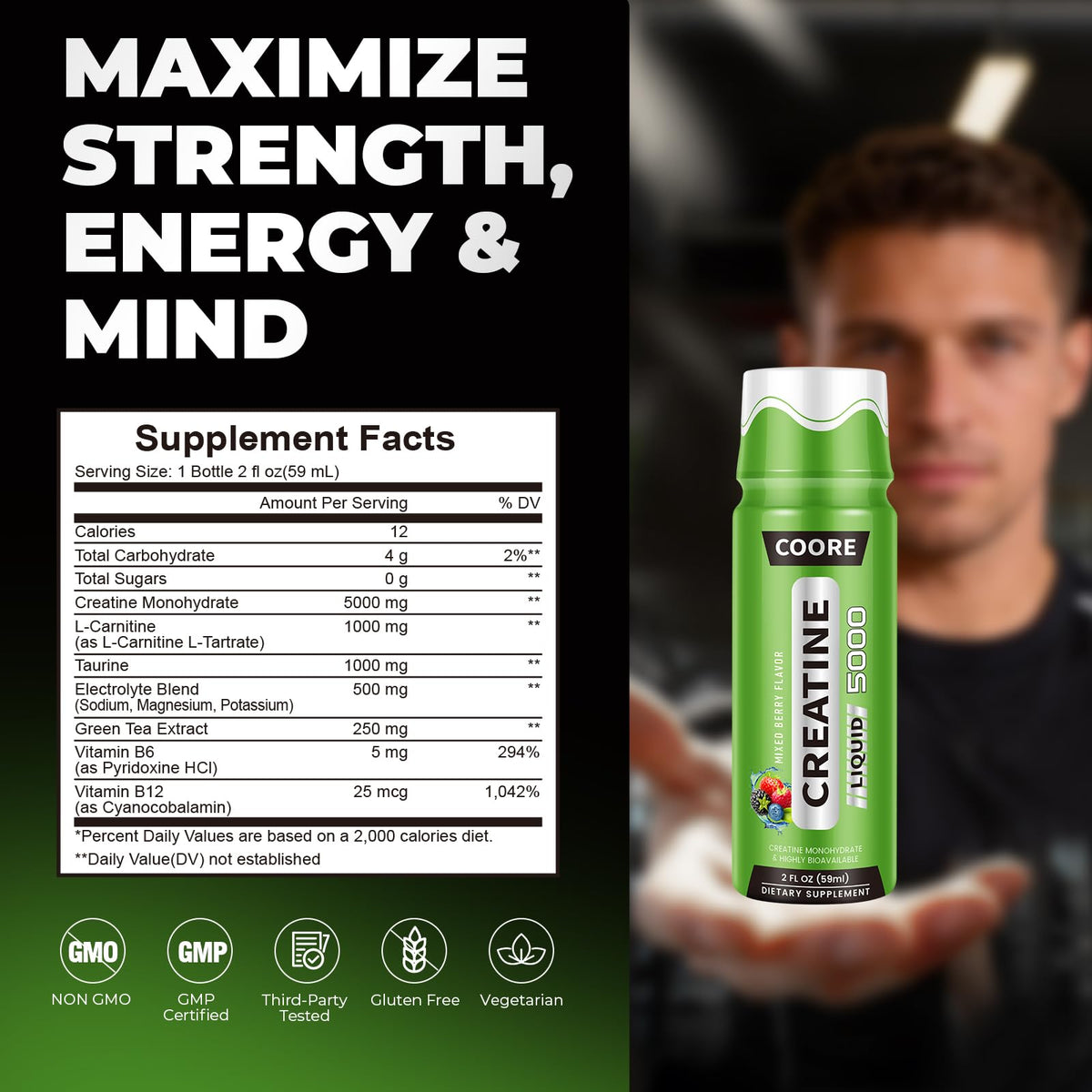 COORE Créatine Monohydrate Liquide 5000mg avec étiquette visible