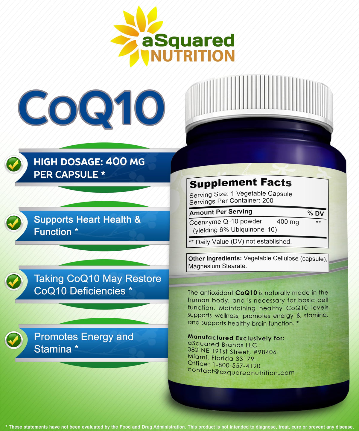 CoQ10 400mg 200 capsules aSquared Nutrition vue de côté