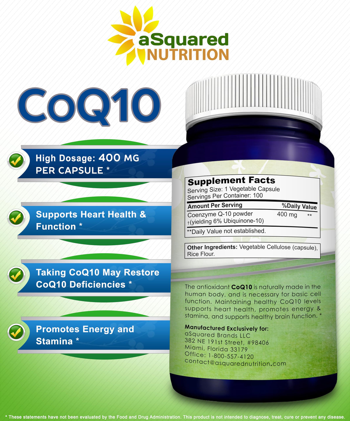 CoQ10 400mg aSquared Nutrition capsules on a table