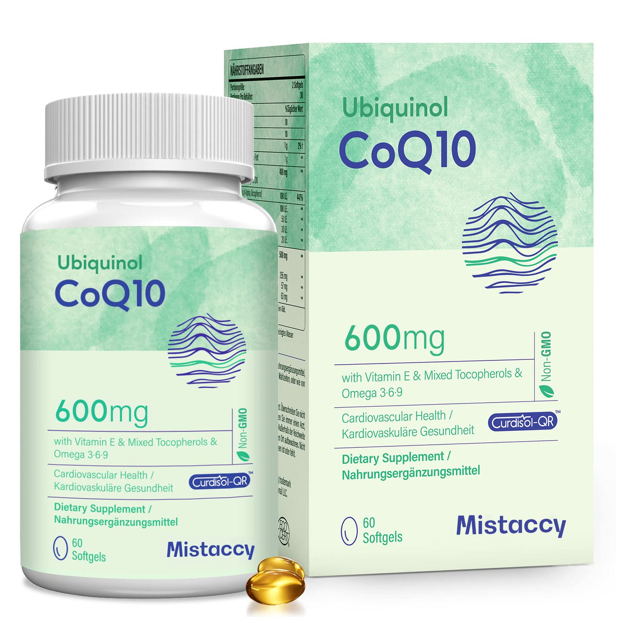 CoQ10 600mg Ubiquinol Mistaccy softgels vue de face