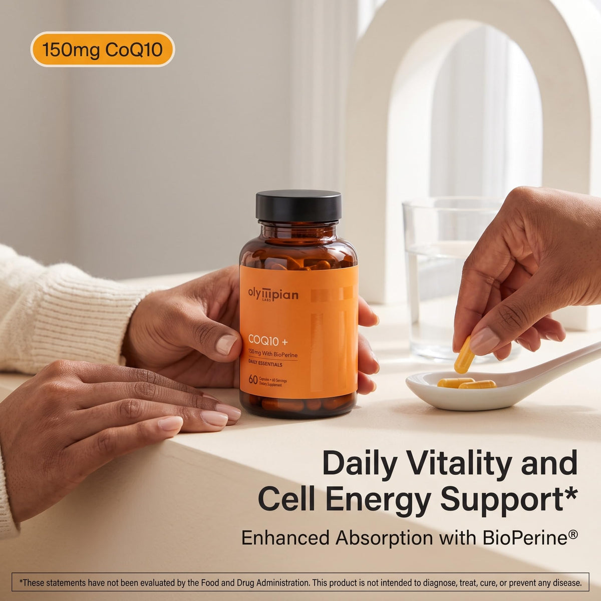 CoQ10 Olympian Labs 150mg capsules avec vue de côté