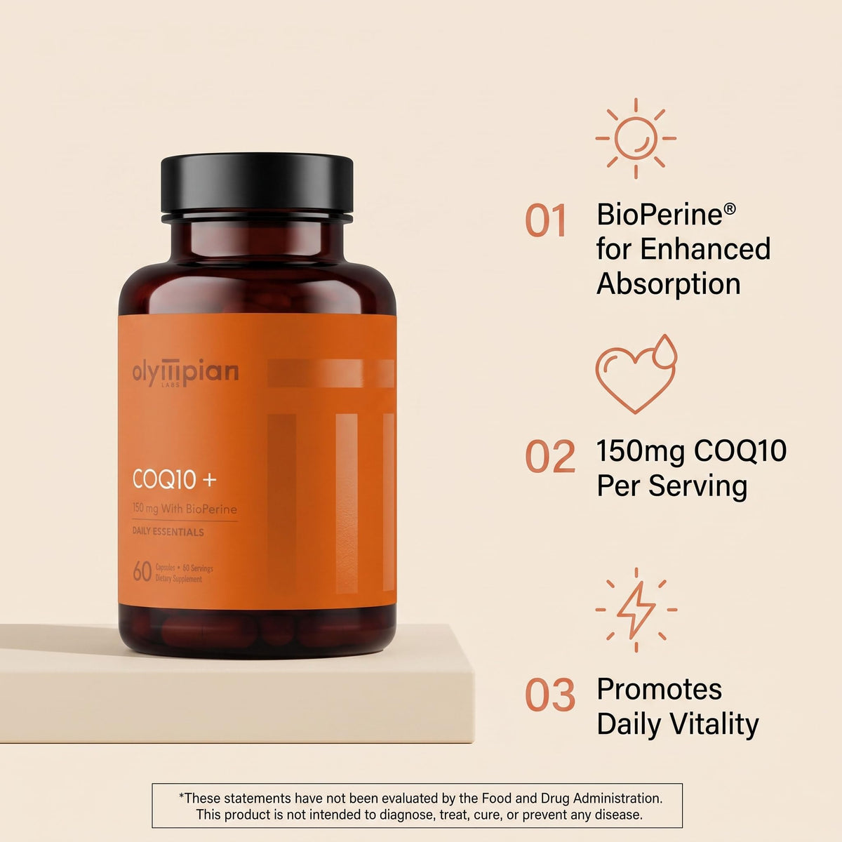 CoQ10 Olympian Labs capsules montrant le dosage sur l'étiquette