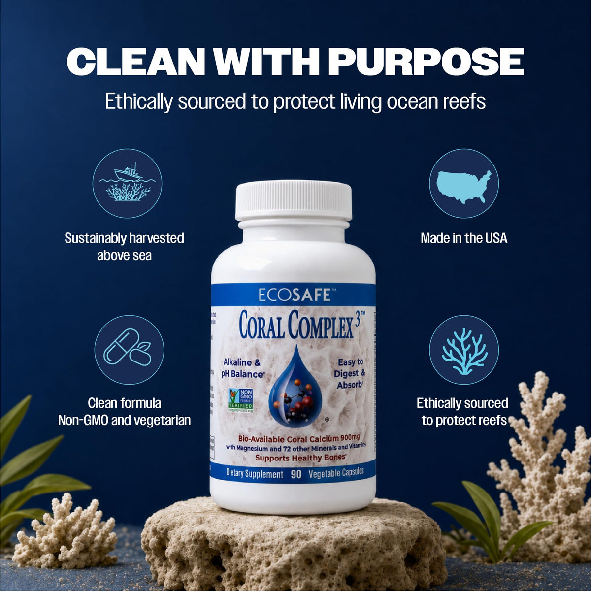 Coral White Complément Calcium 900 mg capsules sur fond blanc